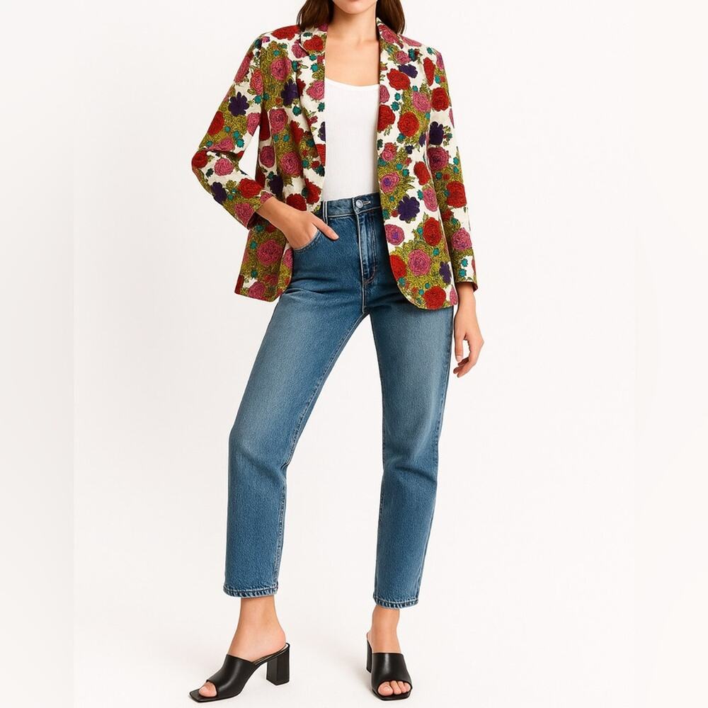 90s HANG TEN Retro Floral Knit Blazer | M | White Multicolor | Maximalist